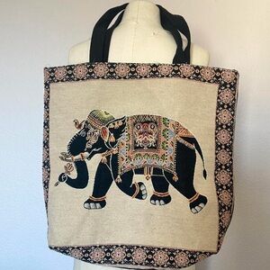 Embroidered Elephant Tote Bag - Black and Tan